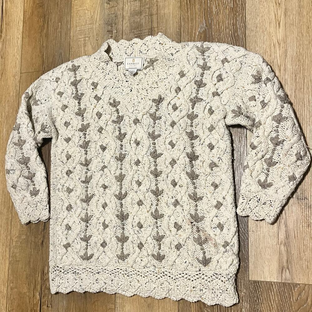 VTG Express Tricot Hand Knit Floral Sweater M Cream Angora Wool Grandma Cottage - Picture 2 of 7